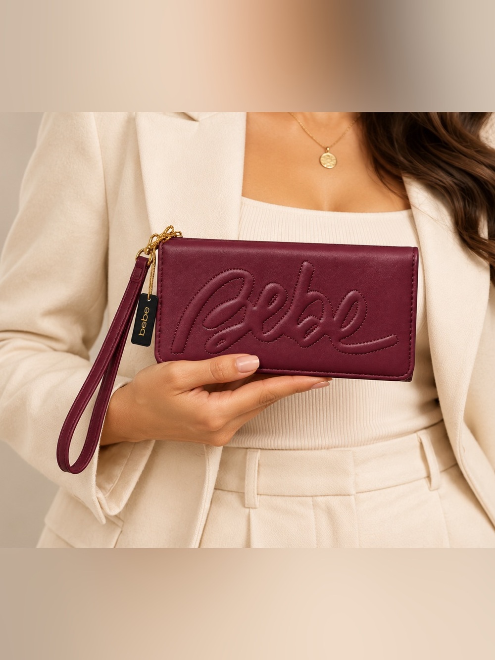 bebe Louisa Trifold Wallet Plum Wristlet One Size NWT